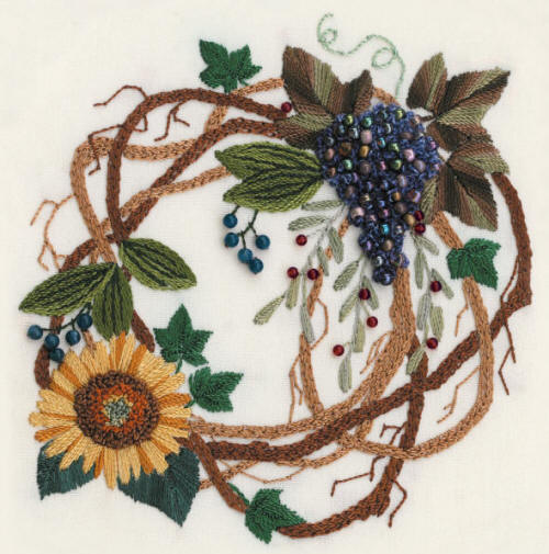 Grapes & Sunflower Wreath Brazilian pattern, fabric, beads, instructions.
