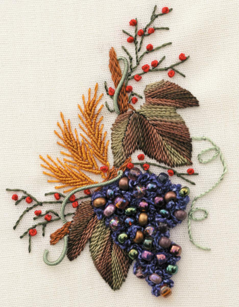 Grapes & Wheat Brazilian Dimensional Embroidery design: fabric, beads, instructions